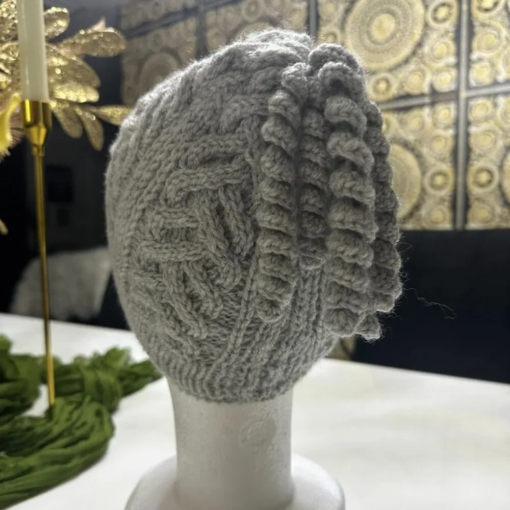 Handmade Gray Chunky Knit Hat with Braided Cable Pattern